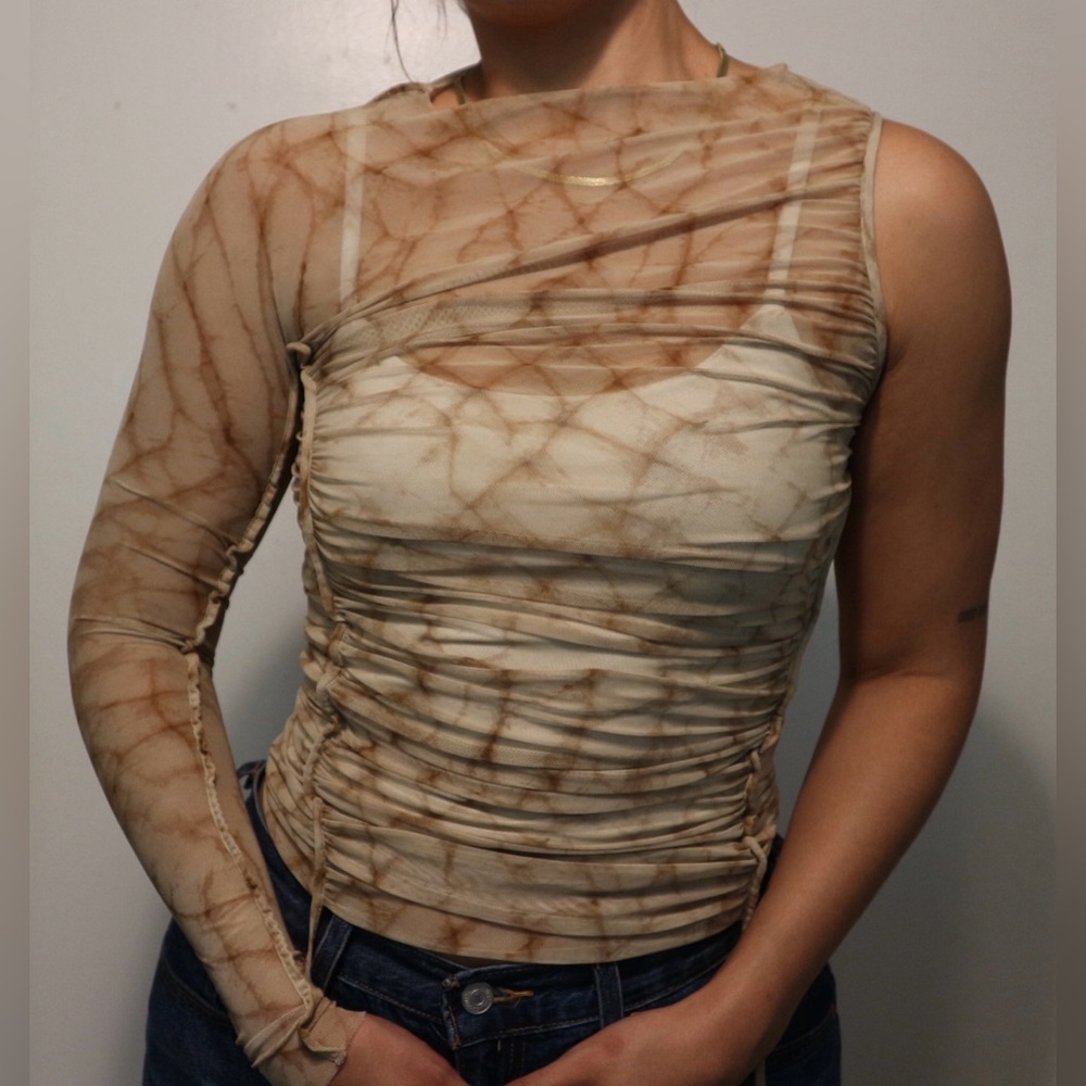 Zara Beige Brown Printed Mesh Asymmetric Top
